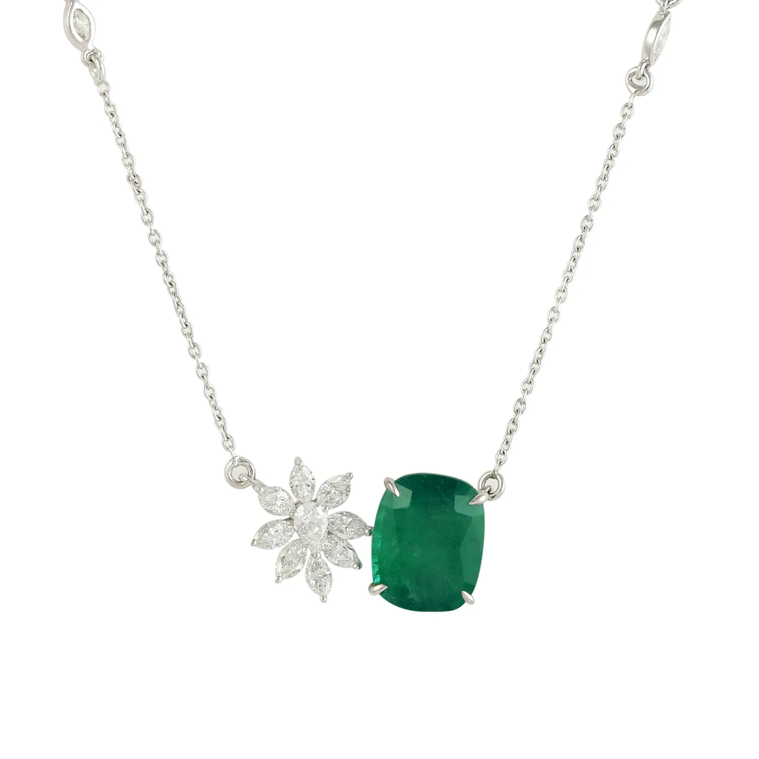 Beautiful Prong Set Emerald Daisy Rose Cut Diamond 18k White Gold Choker Chain Necklace