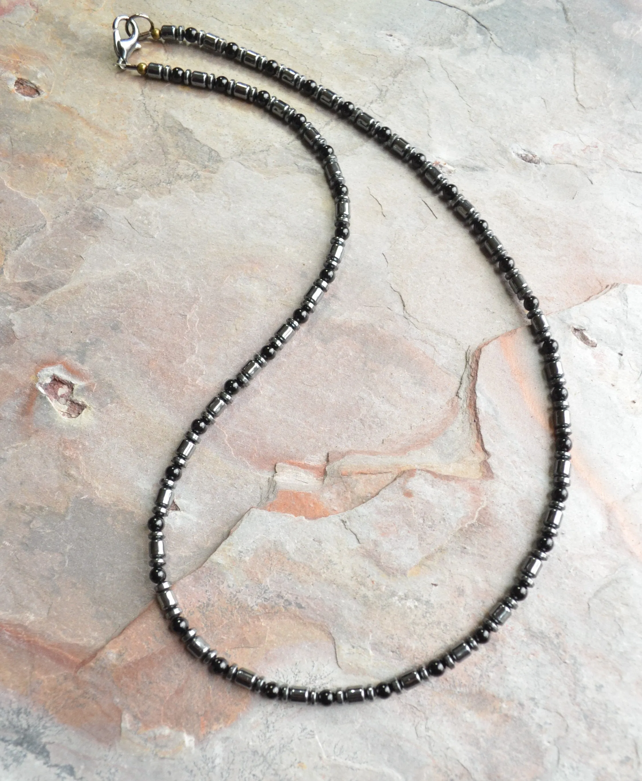 Black Gray Mens Beaded Jade Hematite Thin Necklace - Collins