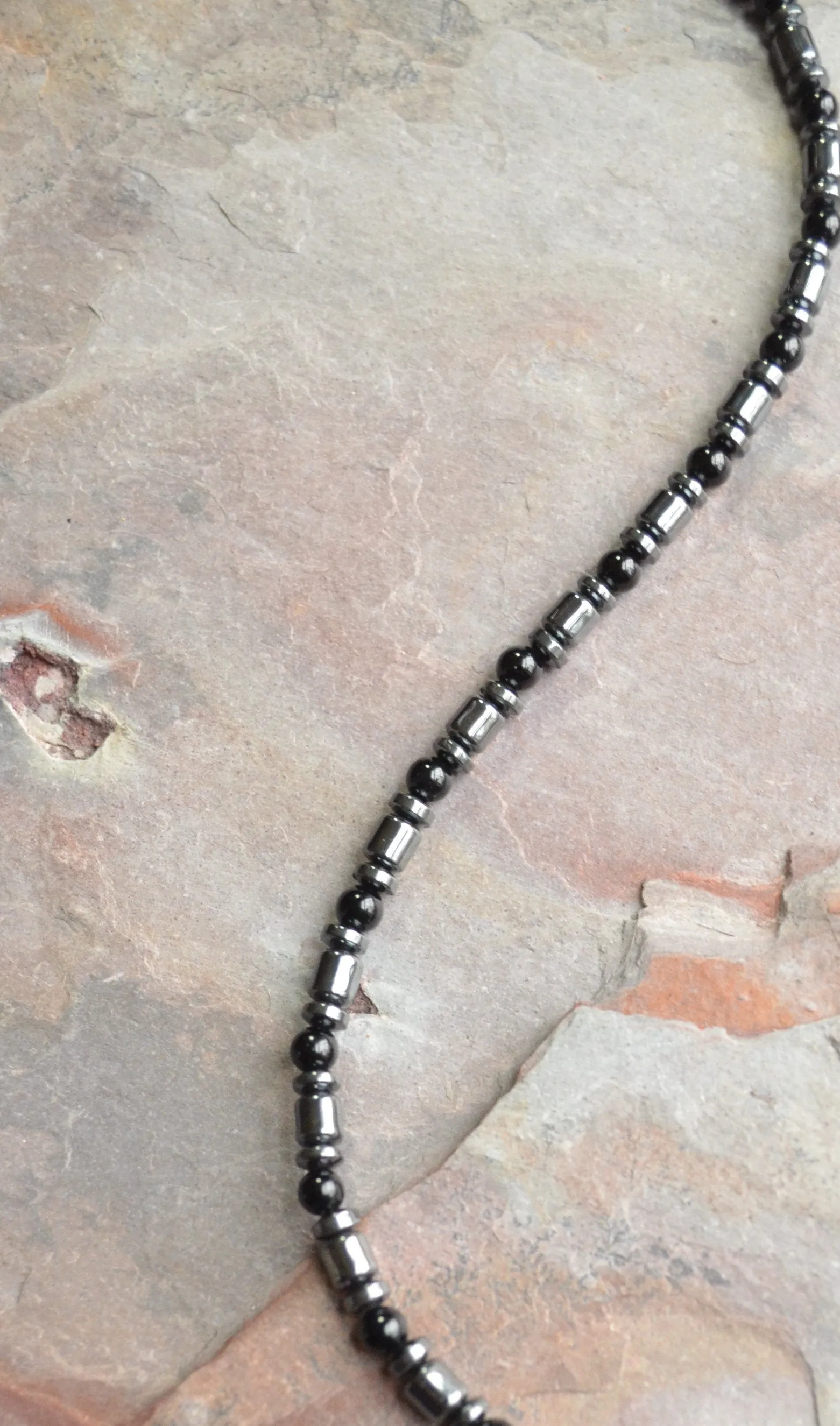 Black Gray Mens Beaded Jade Hematite Thin Necklace - Collins