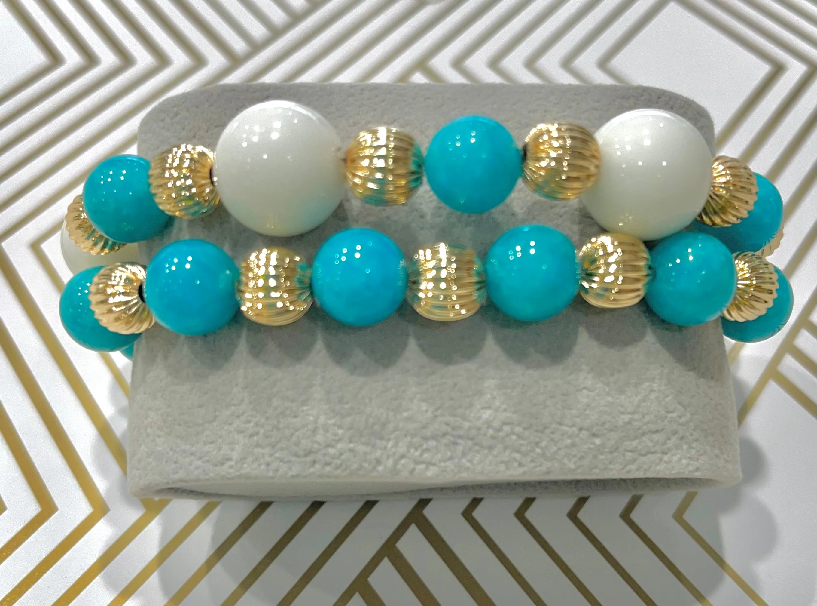 Blue Amazonite and Alabaster Gemstone Gold Bracelet Stack Set