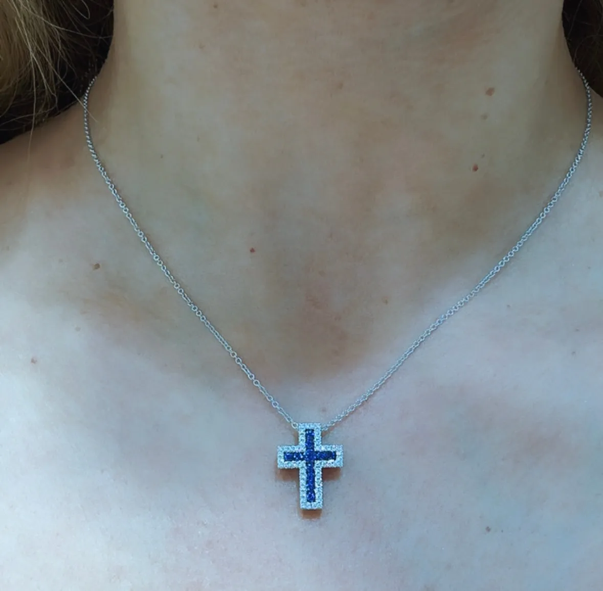 Blue sapphire And Diamond Cross Pendant Necklace