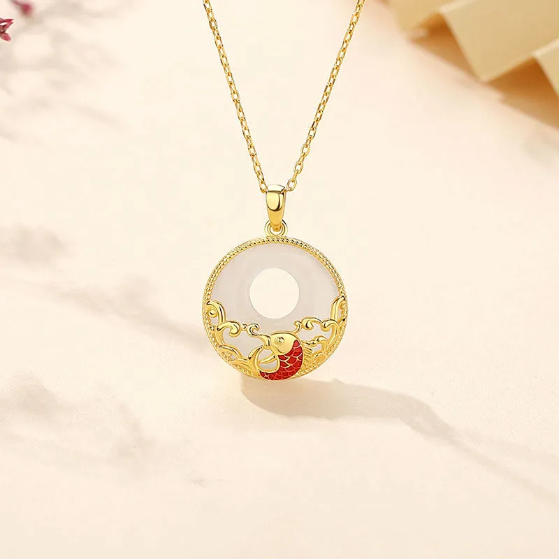 Buddha Stones 925 Sterling Silver Chalcedony Koi Fish Peace Buckle Ocean Waves Wealth Necklace Pendant