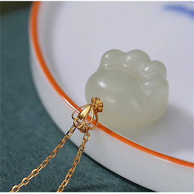 Buddha Stones 925 Sterling Silver Hetian White Jade Cute Cat Paw Luck Necklace Pendant