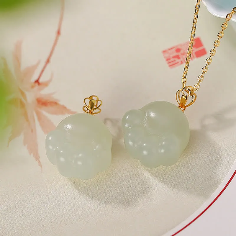 Buddha Stones 925 Sterling Silver Hetian White Jade Cute Cat Paw Luck Necklace Pendant