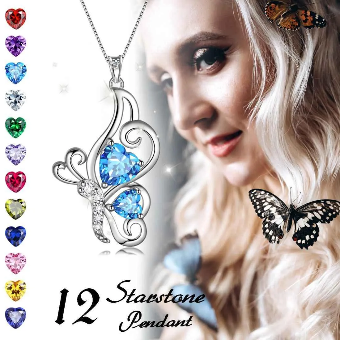Butterfly Birthstone September Sapphire Necklace Women Girls Jewelry Birthday Gift Sterling Silver