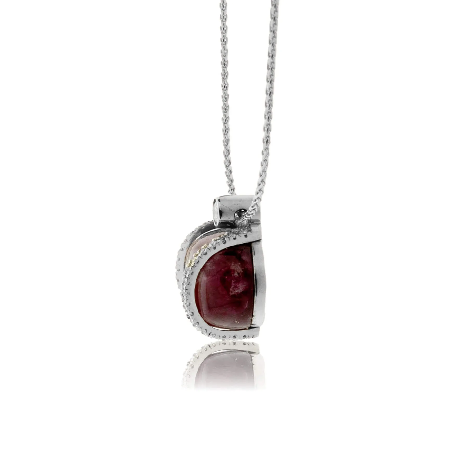 Cabochon Cut Red Emerald & Diamond Overpass Pendant