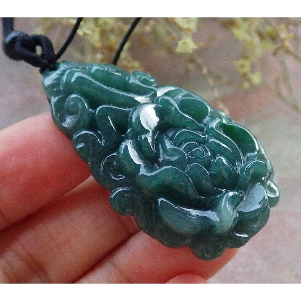 Certified Green Natural A Jade Jadeite Pendant Rose Ruyi Flower Necklace