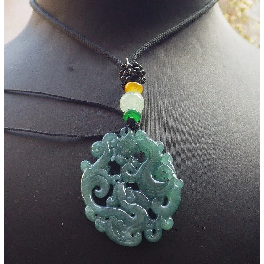 Certified Icy Green 100% Natural A Jade Jadeite Pendant Dragon Phoenix Necklace