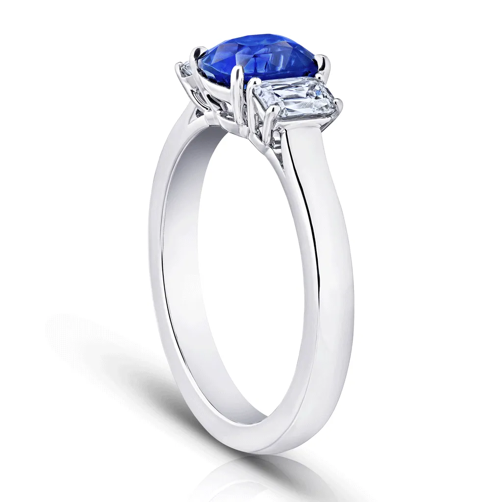 Classic Cushion Cut Blue Sapphire Three Stone Engagement Ring