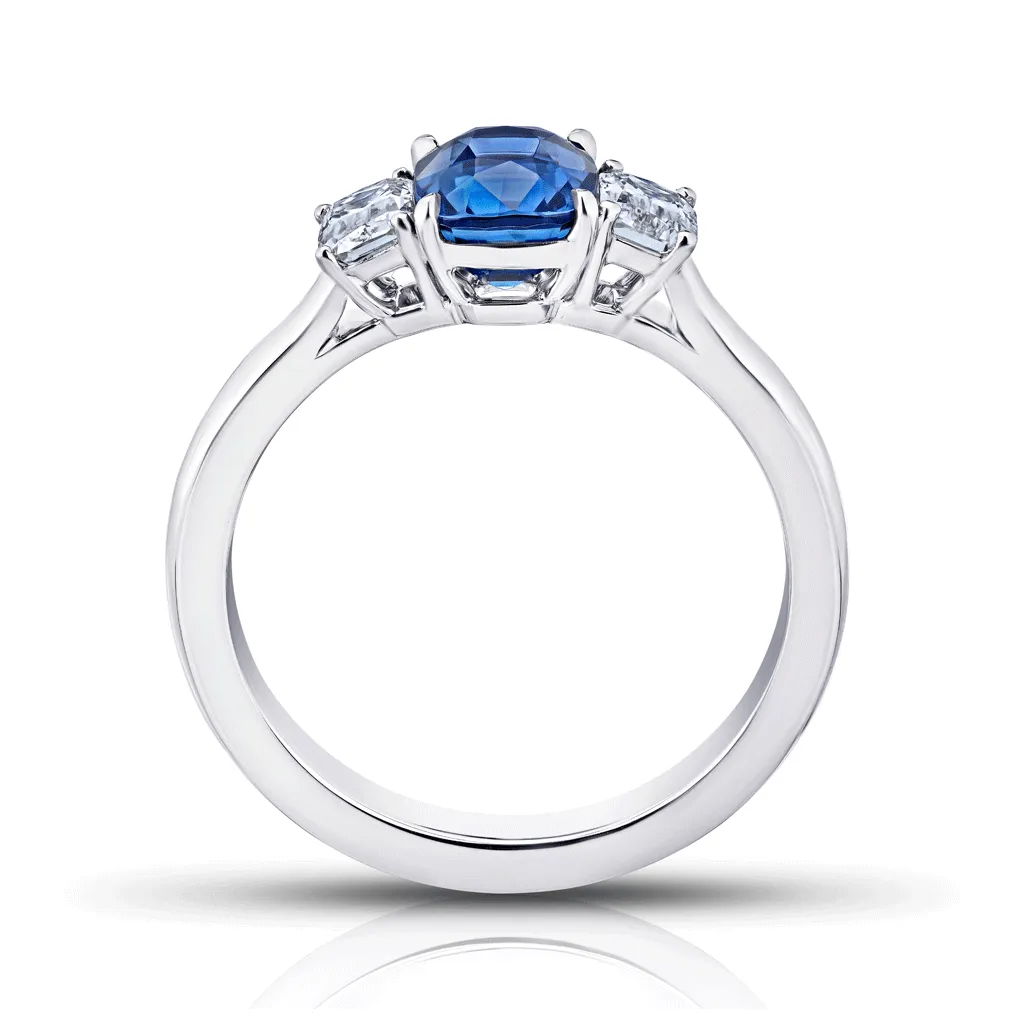 Classic Cushion Cut Blue Sapphire Three Stone Engagement Ring