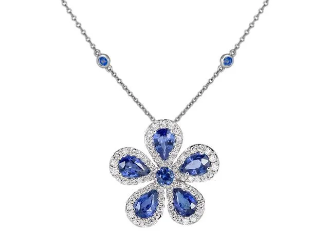 Classic Flower Necklace with Blue Sapphires and Diamonds