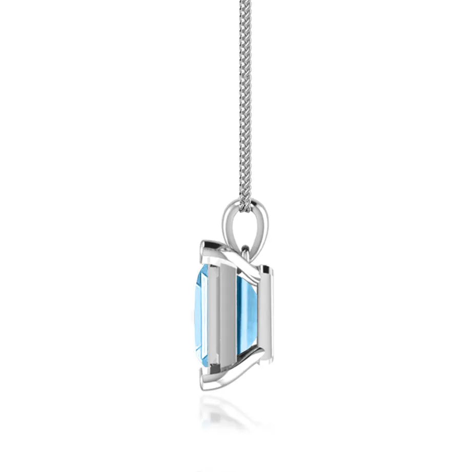 ELIZA - Emerald Cut Aqua Spinel 4 Claw Drop Pendant 18k White Gold