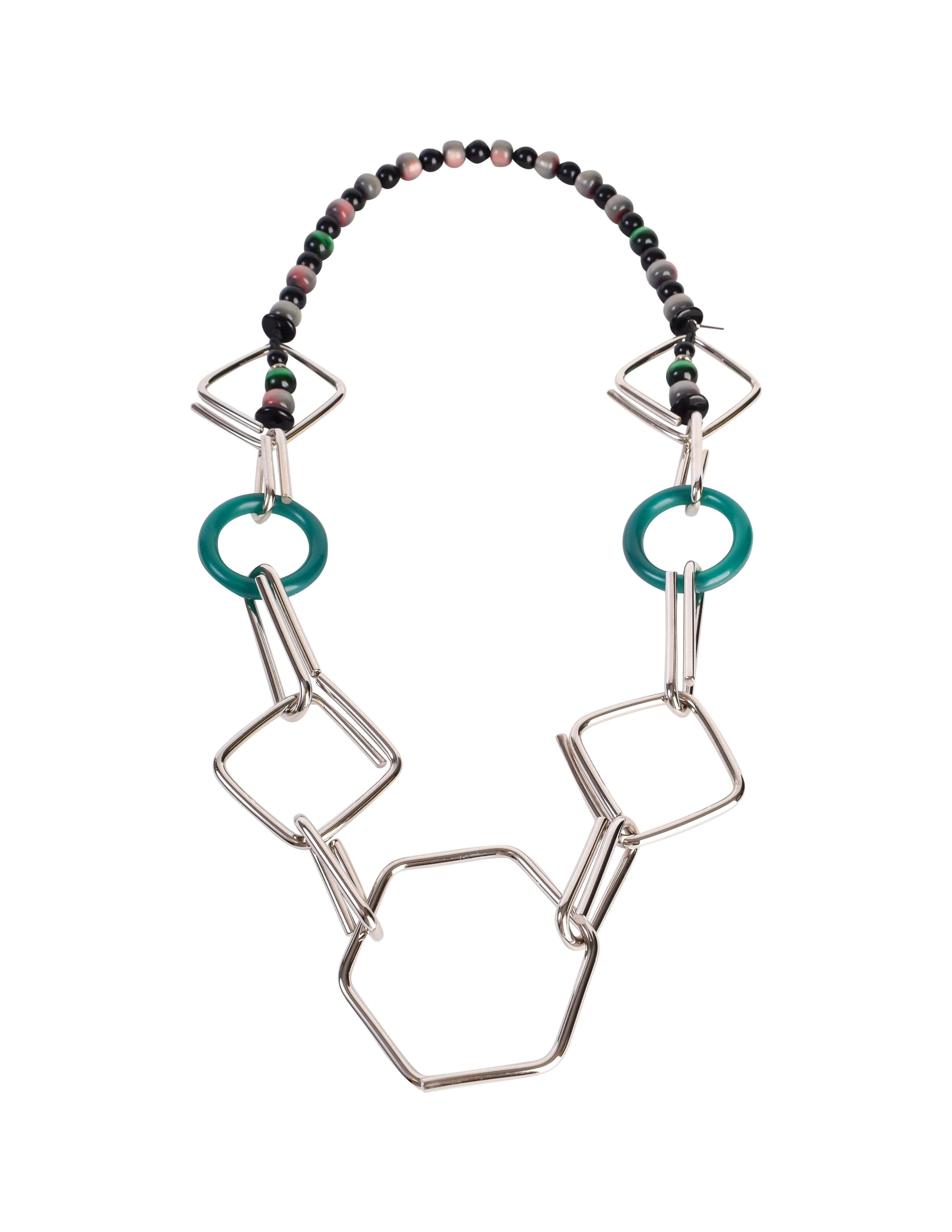 Etro Vintage Black Silver Green Beaded Geometric Metal Statement Necklace