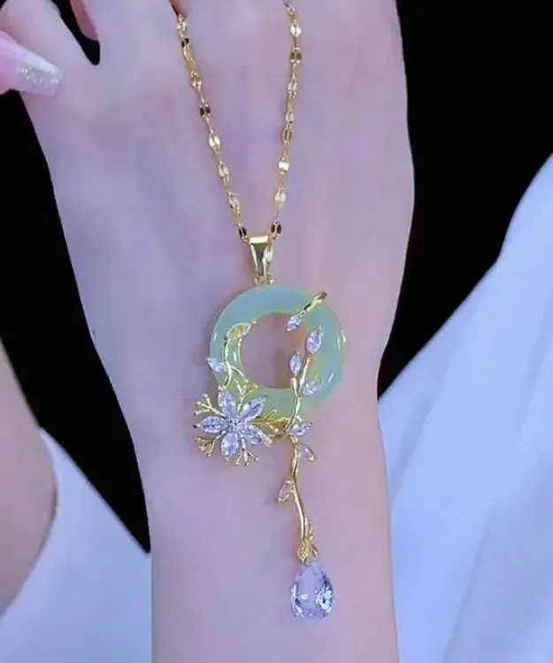Fashion Light Green Stainless Steel Inlaid Crystal Jade Floral Pendant Necklace ML0689