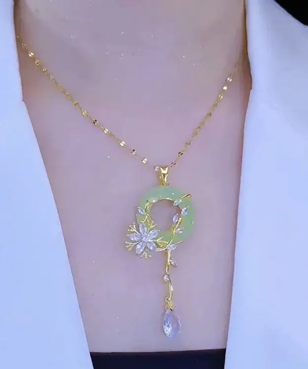 Fashion Light Green Stainless Steel Inlaid Crystal Jade Floral Pendant Necklace ML0689