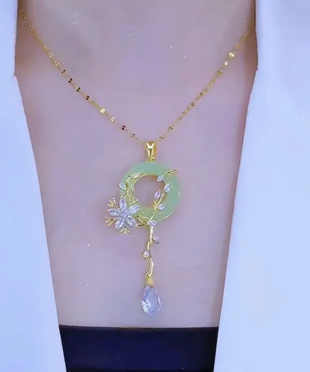 Fashion Light Green Stainless Steel Inlaid Crystal Jade Floral Pendant Necklace ML0689