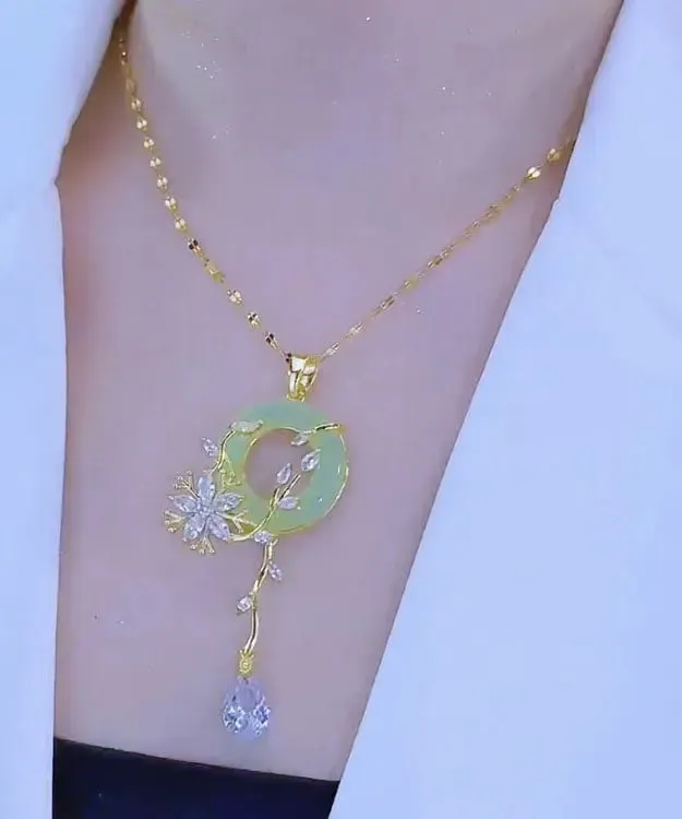 Fashion Light Green Stainless Steel Inlaid Crystal Jade Floral Pendant Necklace ML0689