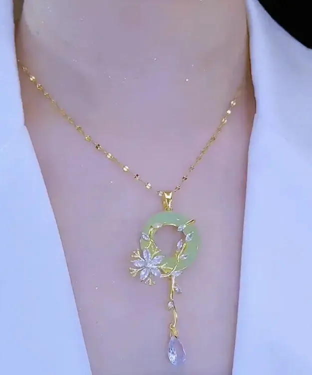 Fashion Light Green Stainless Steel Inlaid Crystal Jade Floral Pendant Necklace ML0689