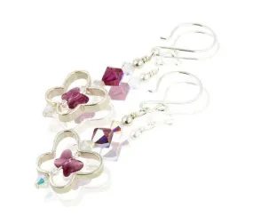 Fuchsia Pink Butterfly Crystal Silver Earrings
