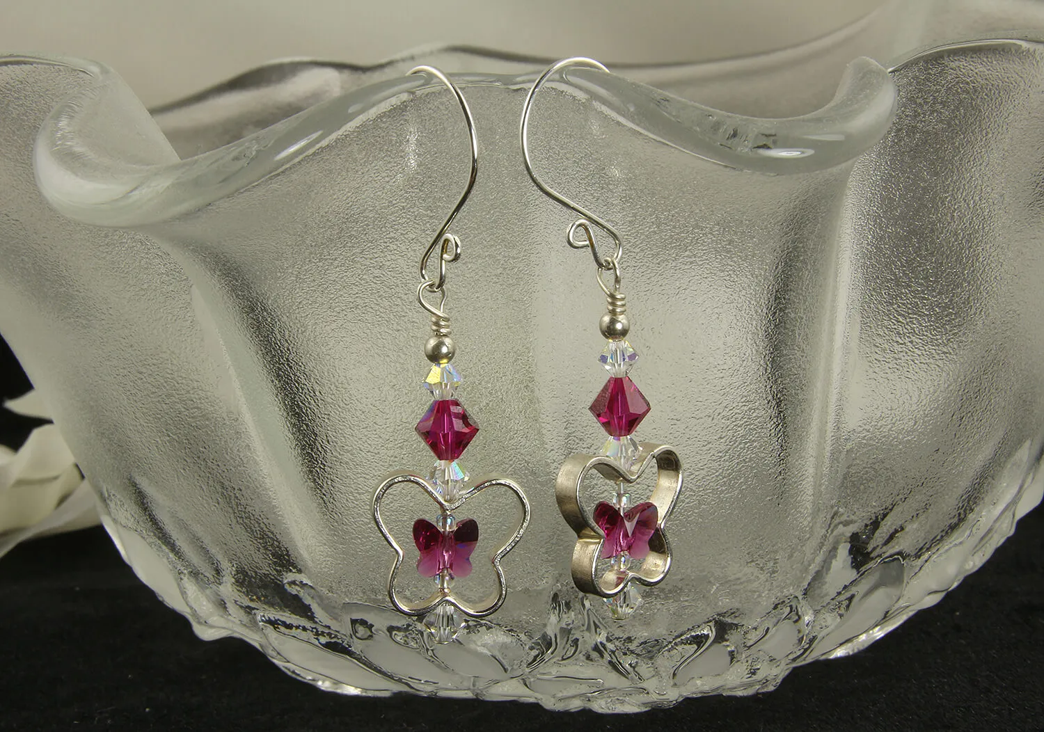 Fuchsia Pink Butterfly Crystal Silver Earrings