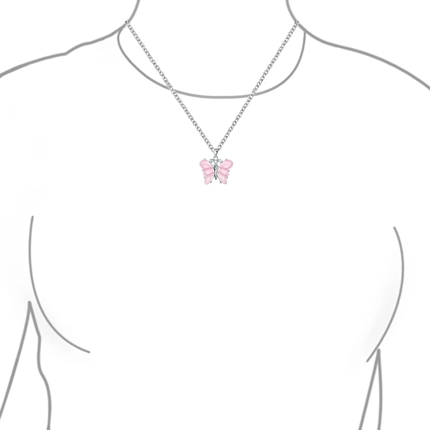 Gemstone Carved Pink Quartz & Jade Butterfly Pendant Necklace in Sterling Silver