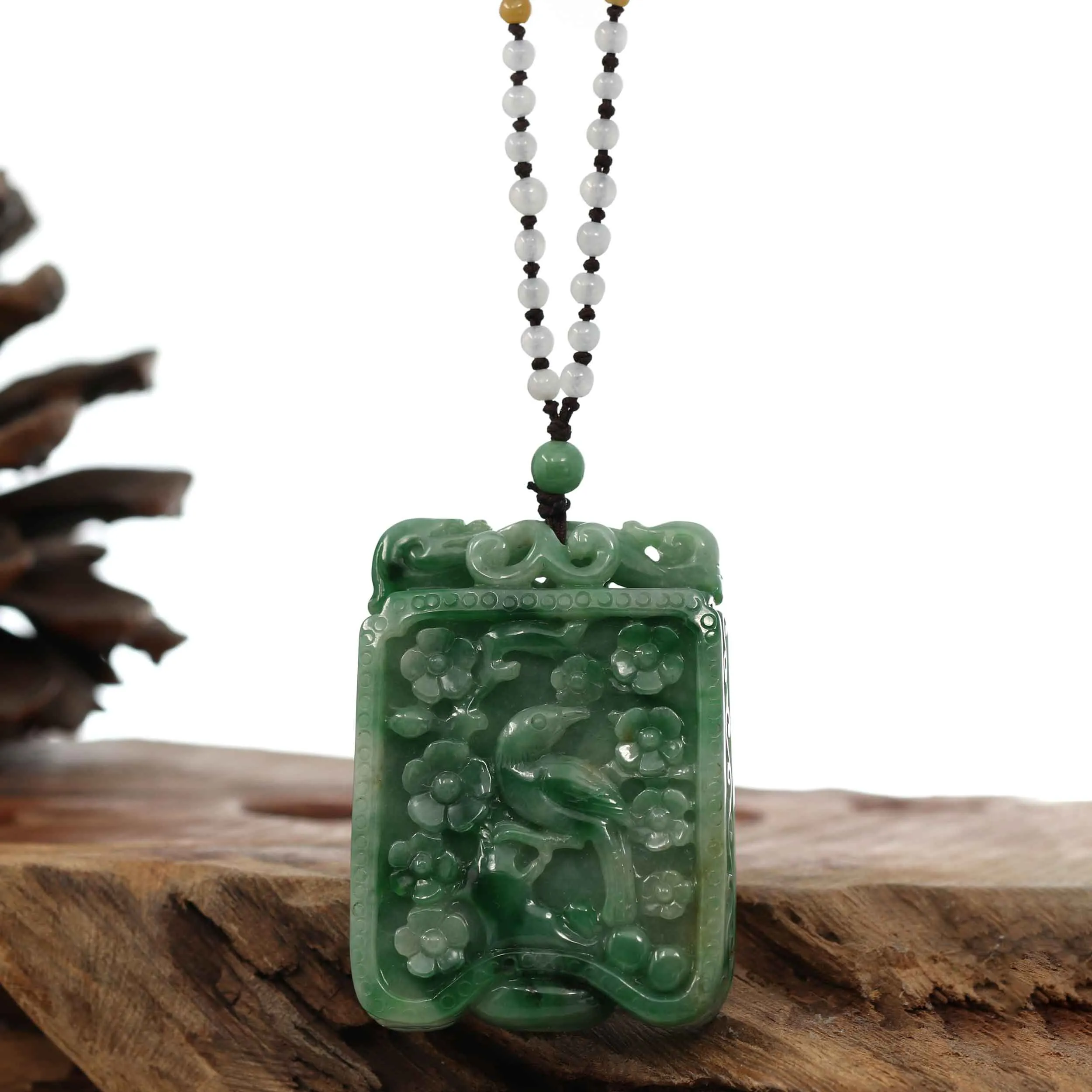 Genuine Green Jadeite Jade "Lucky Bird on Branch" Pendant Necklace With Real Jadeite jade Beads Necklace