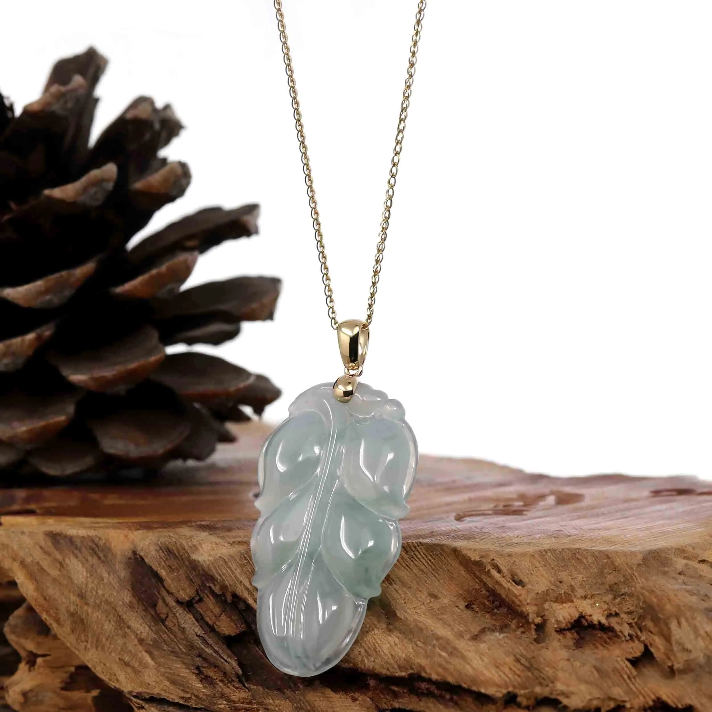 Genuine Ice Green Jadeite Jade Jin Zhi Yu Ye (Leaf) Necklace With Yellow Gold Bail