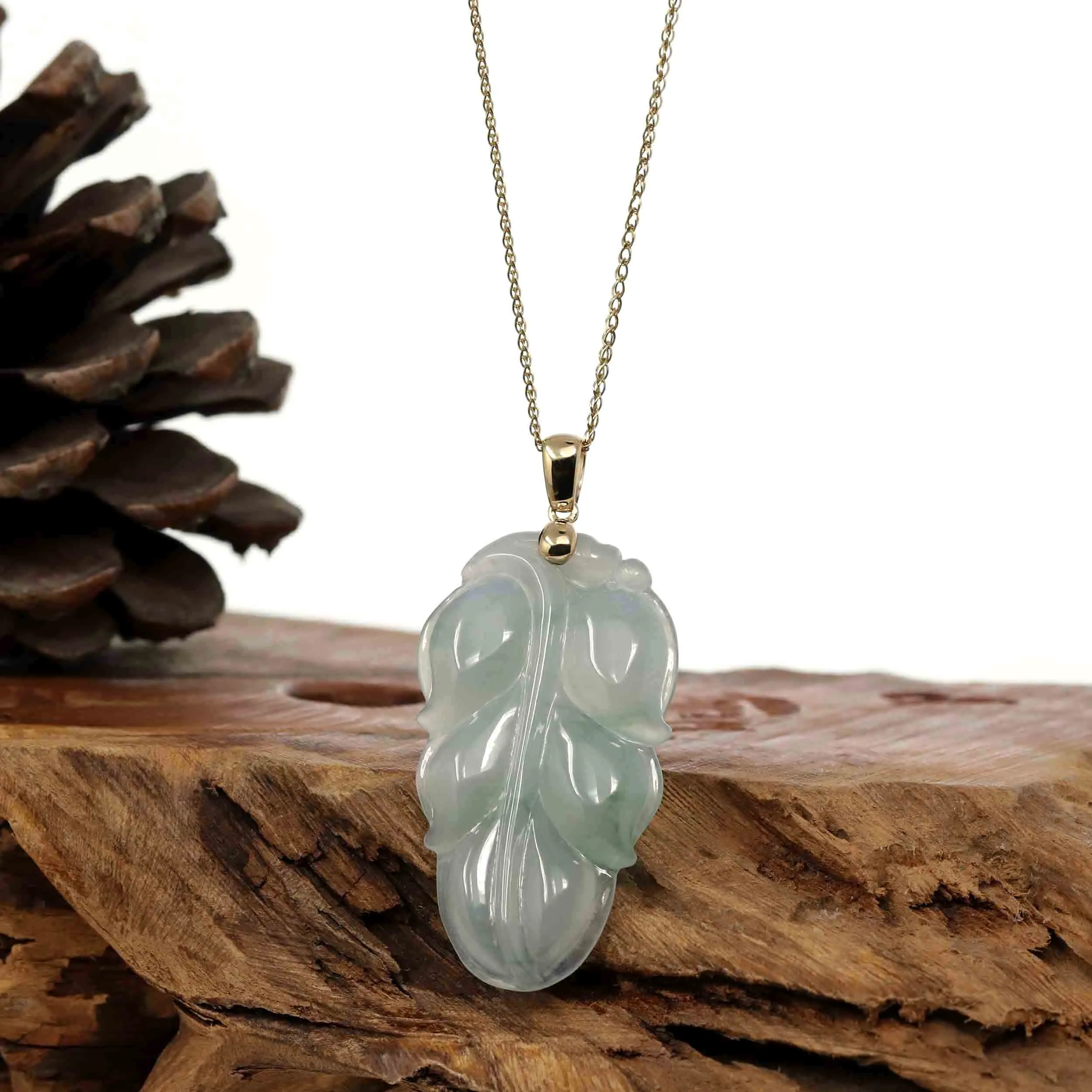 Genuine Ice Green Jadeite Jade Jin Zhi Yu Ye (Leaf) Necklace With Yellow Gold Bail