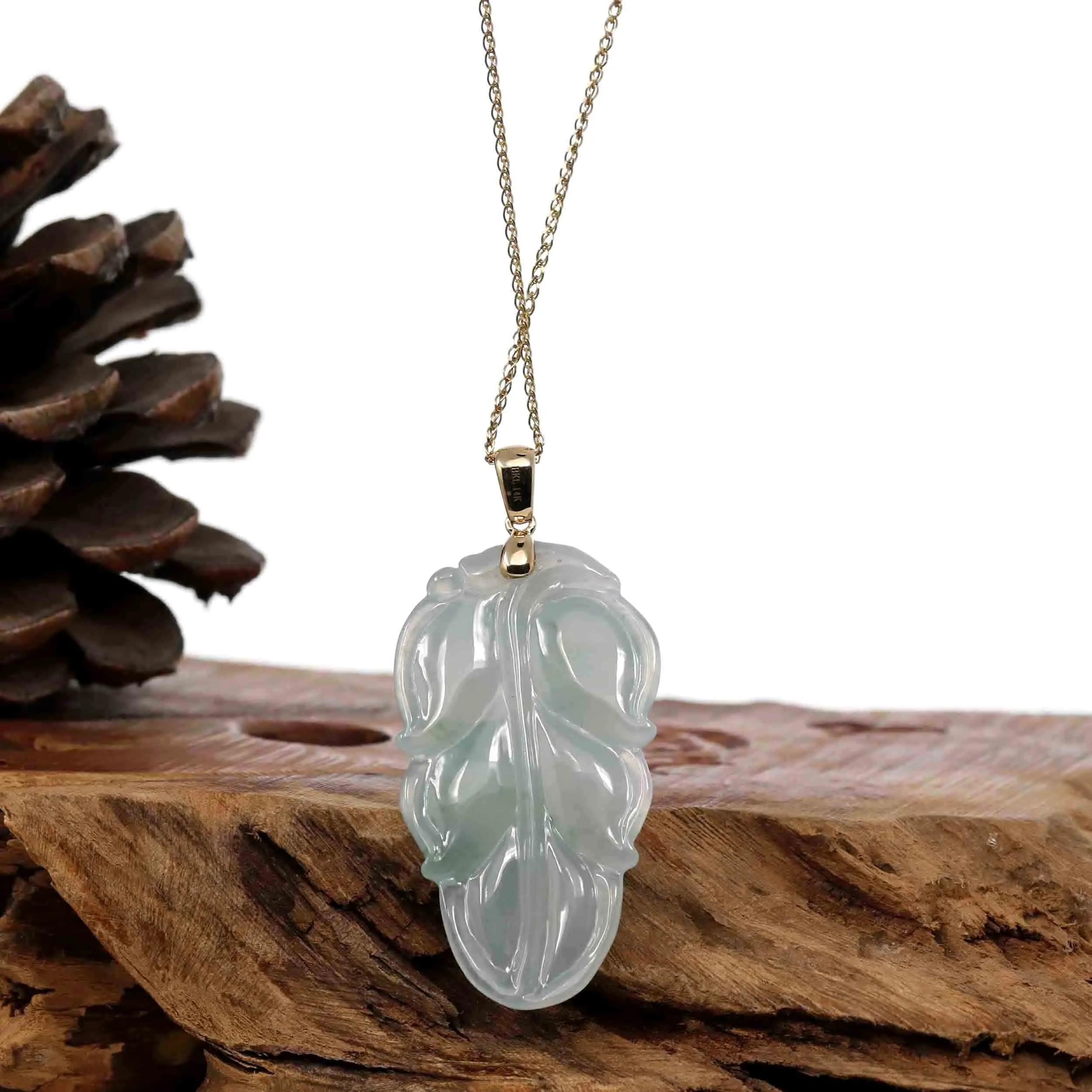 Genuine Ice Green Jadeite Jade Jin Zhi Yu Ye (Leaf) Necklace With Yellow Gold Bail