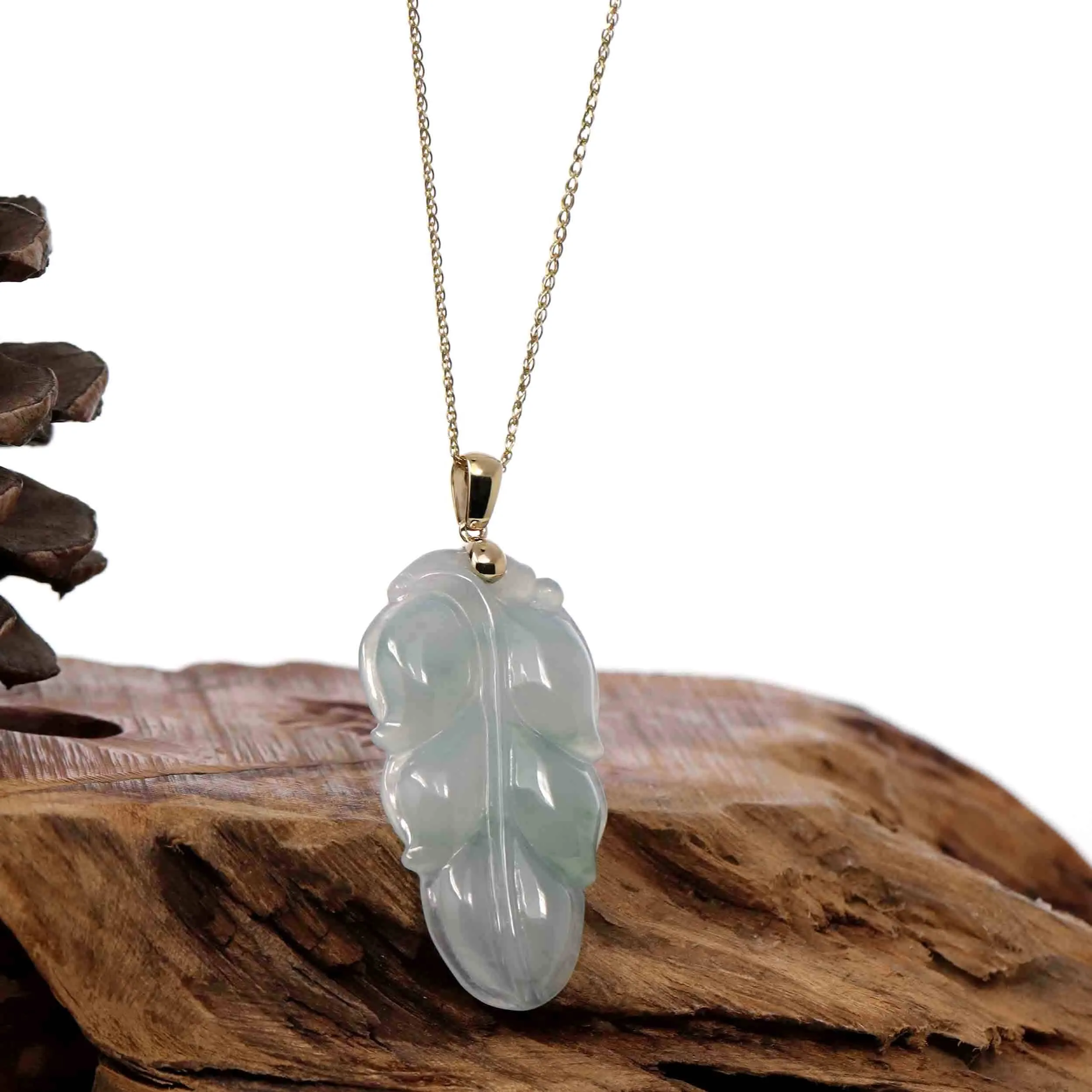 Genuine Ice Green Jadeite Jade Jin Zhi Yu Ye (Leaf) Necklace With Yellow Gold Bail