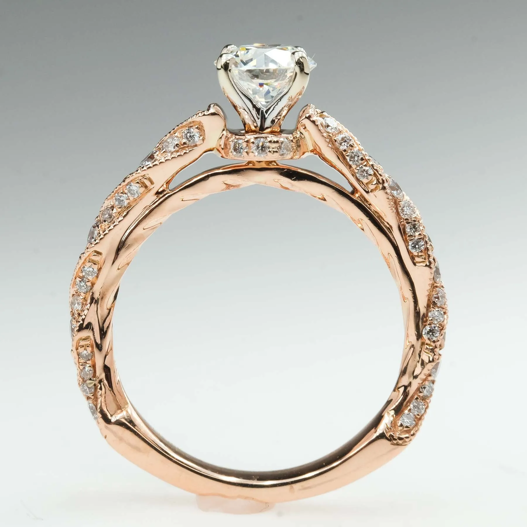 GIA 0.72ct Round European Cut Diamond Twist Engagement Ring in 14K Rose Gold