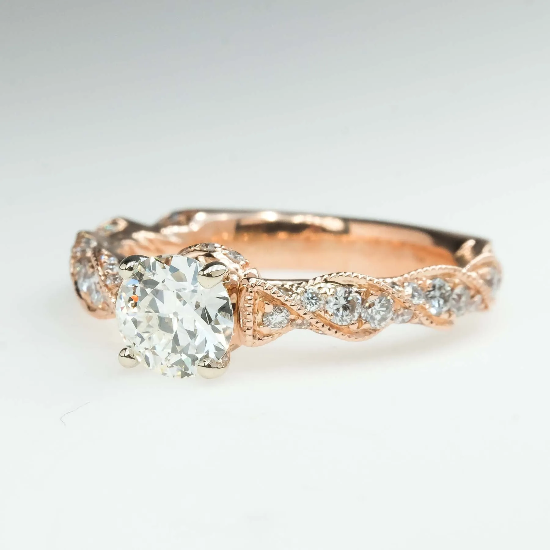 GIA 0.72ct Round European Cut Diamond Twist Engagement Ring in 14K Rose Gold