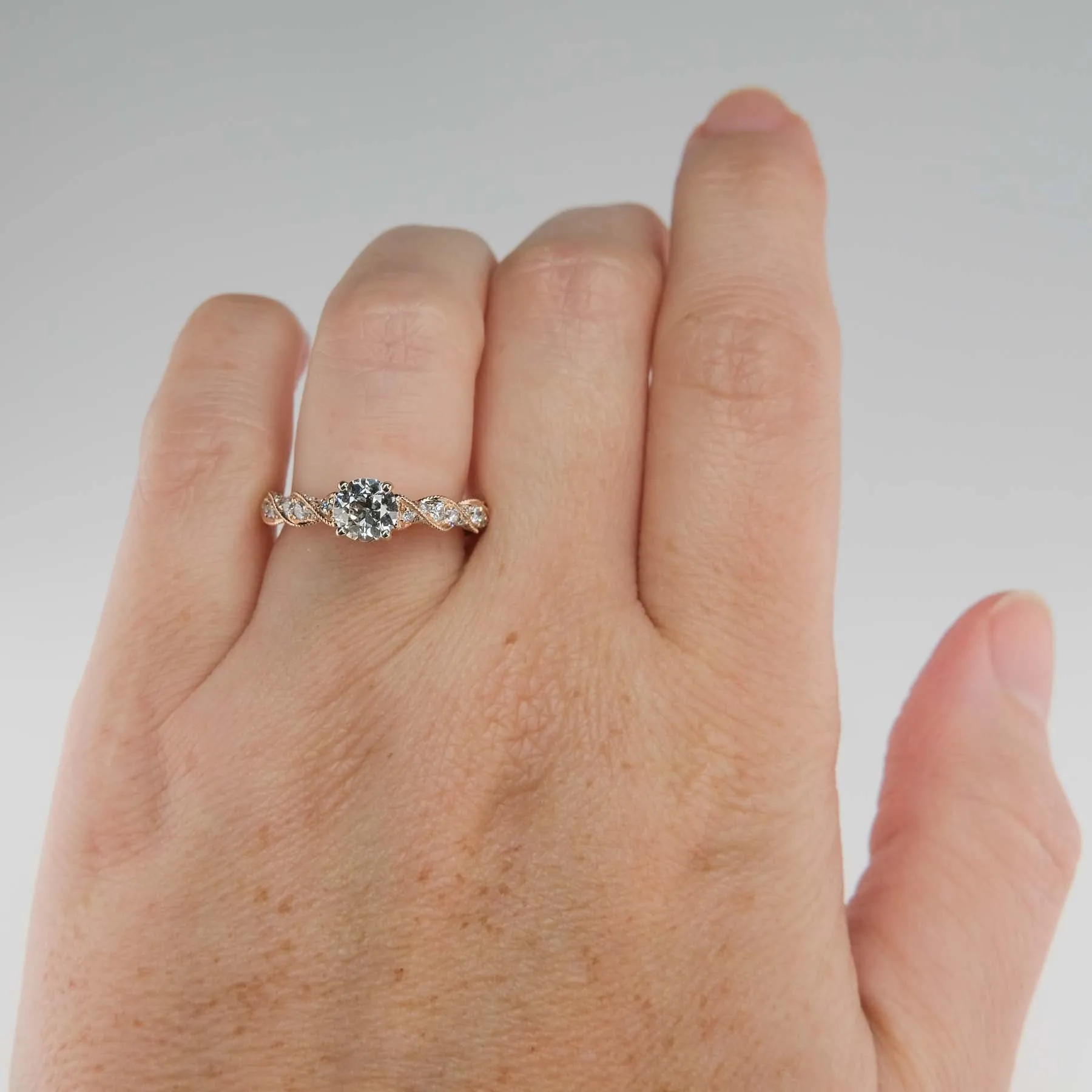 GIA 0.72ct Round European Cut Diamond Twist Engagement Ring in 14K Rose Gold