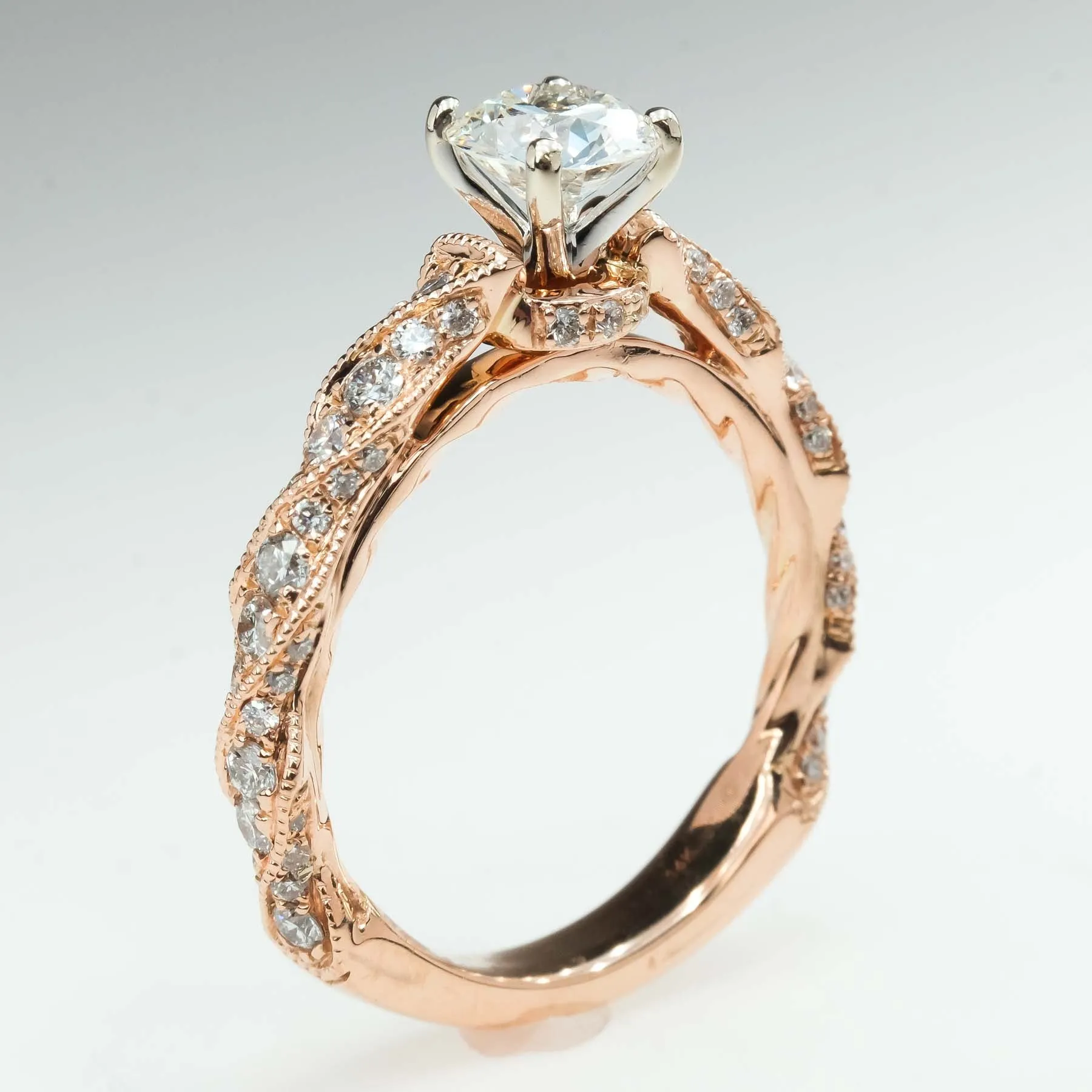 GIA 0.72ct Round European Cut Diamond Twist Engagement Ring in 14K Rose Gold