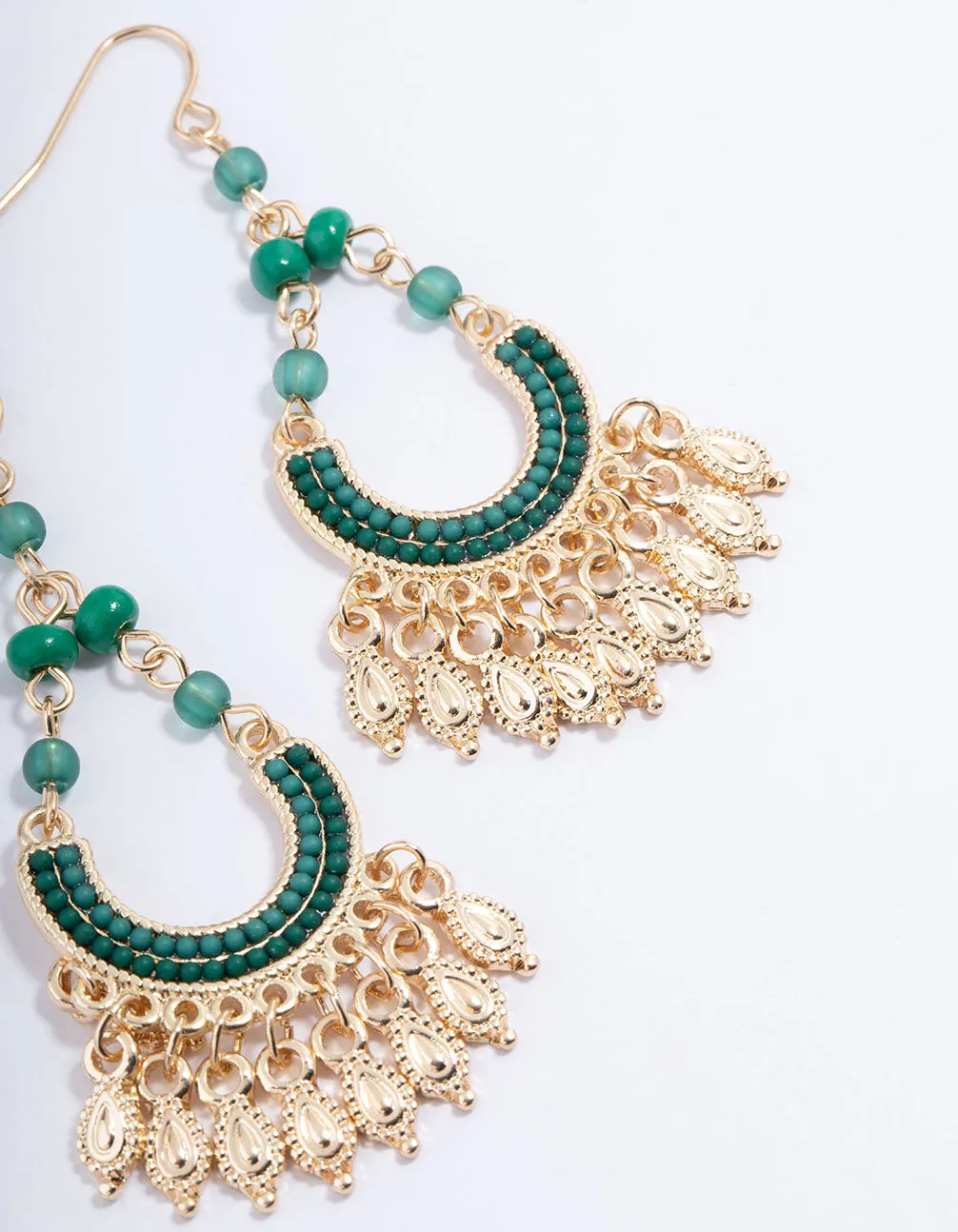 Gold & Green Bead Tassel Crescent Drop Earrings