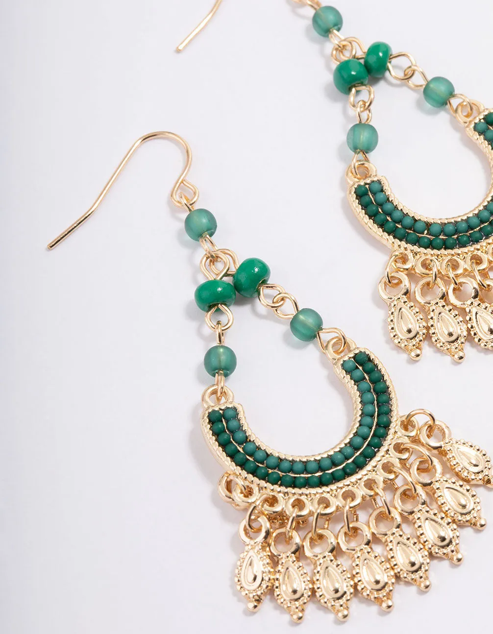 Gold & Green Bead Tassel Crescent Drop Earrings