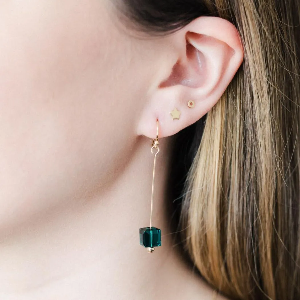 Gold Filled Majestic Green Crystal Cube Pin Earrings