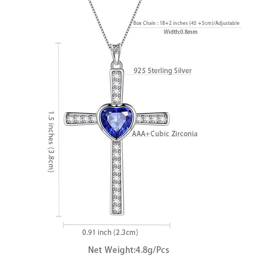Heart Birthstone September Sapphire Cross Necklace Pendant Women Girls Jewelry Birthday Gift