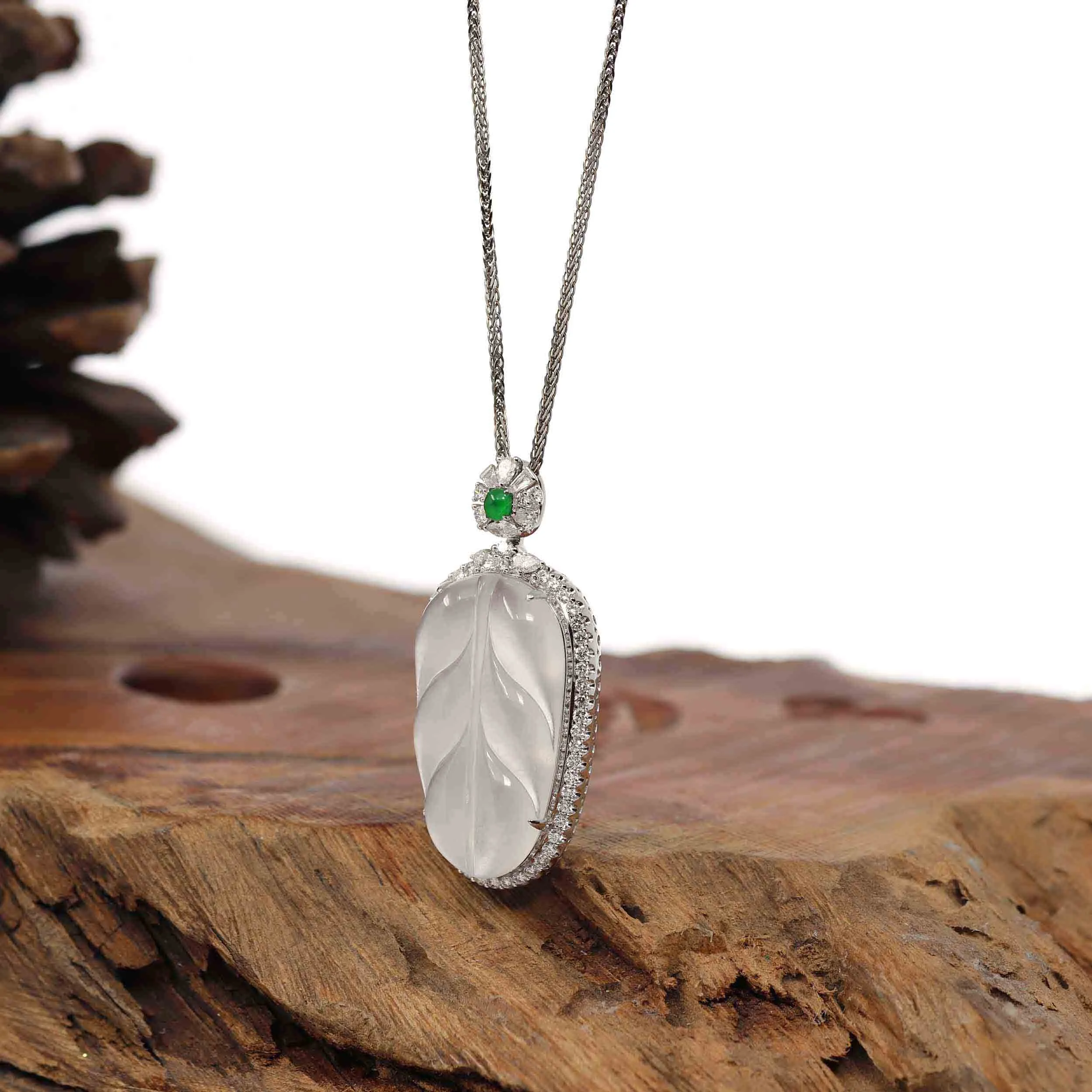 High-end Genuine Ice Jadeite Jade Jin Zhi Yu Ye (Leaf) Necklace With 18k Gold & Diamond