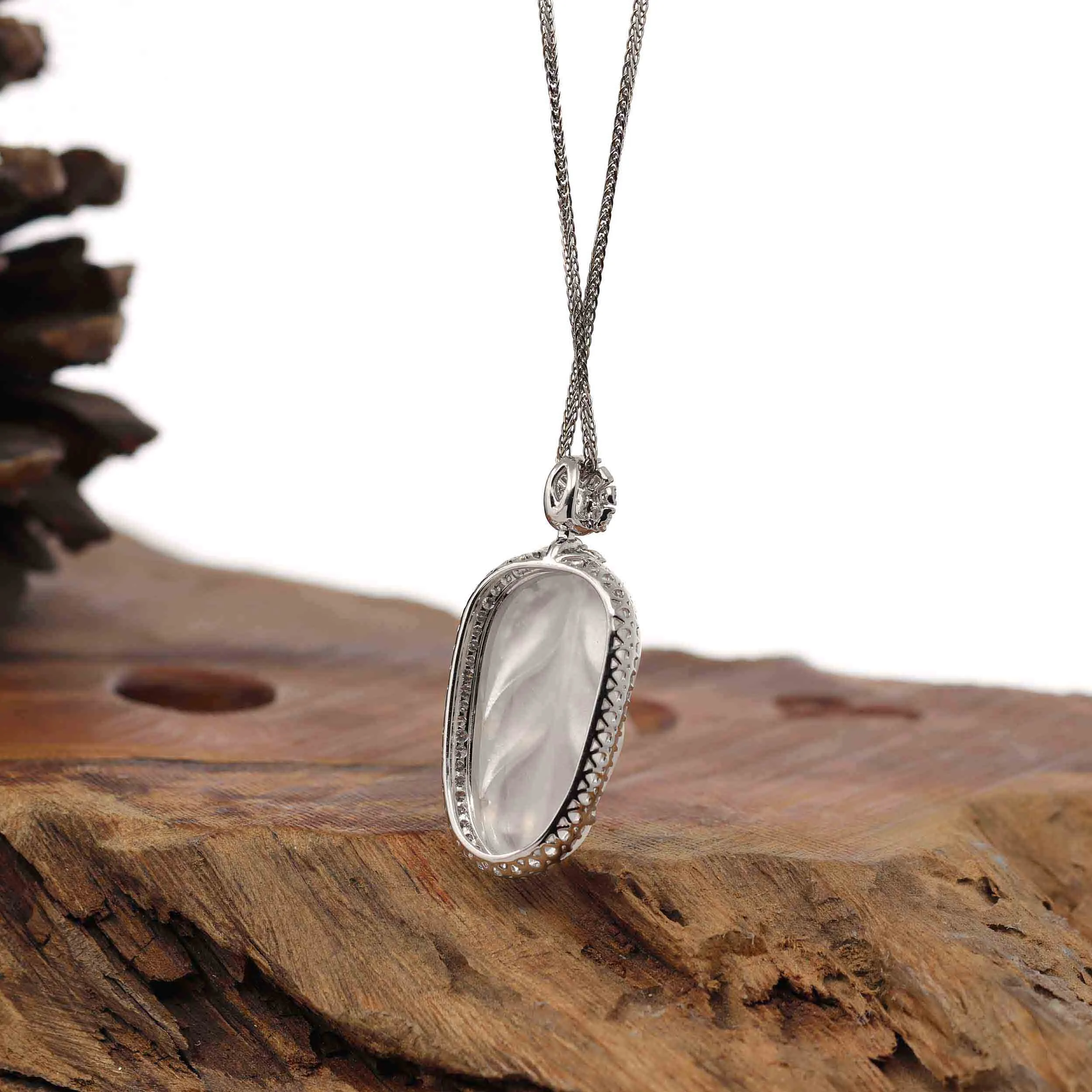 High-end Genuine Ice Jadeite Jade Jin Zhi Yu Ye (Leaf) Necklace With 18k Gold & Diamond