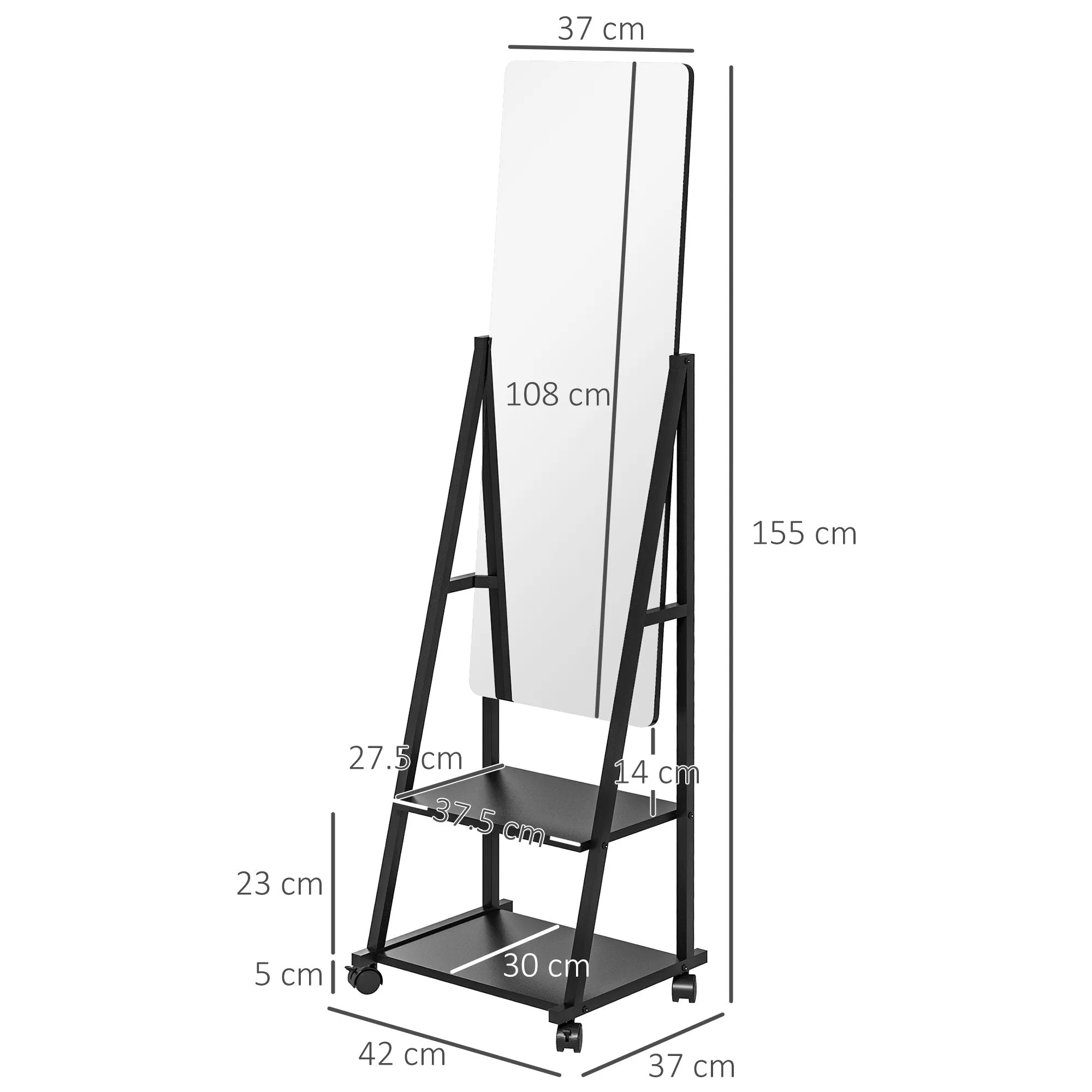 HOMCOM Free Standing Full Length Mirror, Rolling Full Body Mirror with Adjustable Angle, 2 Storage Shelves and 4 Wheels for Bedroom, Living Room, Hallway, Black