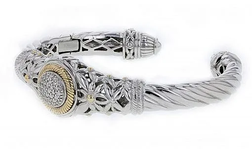 Italian sterling silver bangle bracelet with solid 14K yellow gold accents and 0.27ct white diamonds