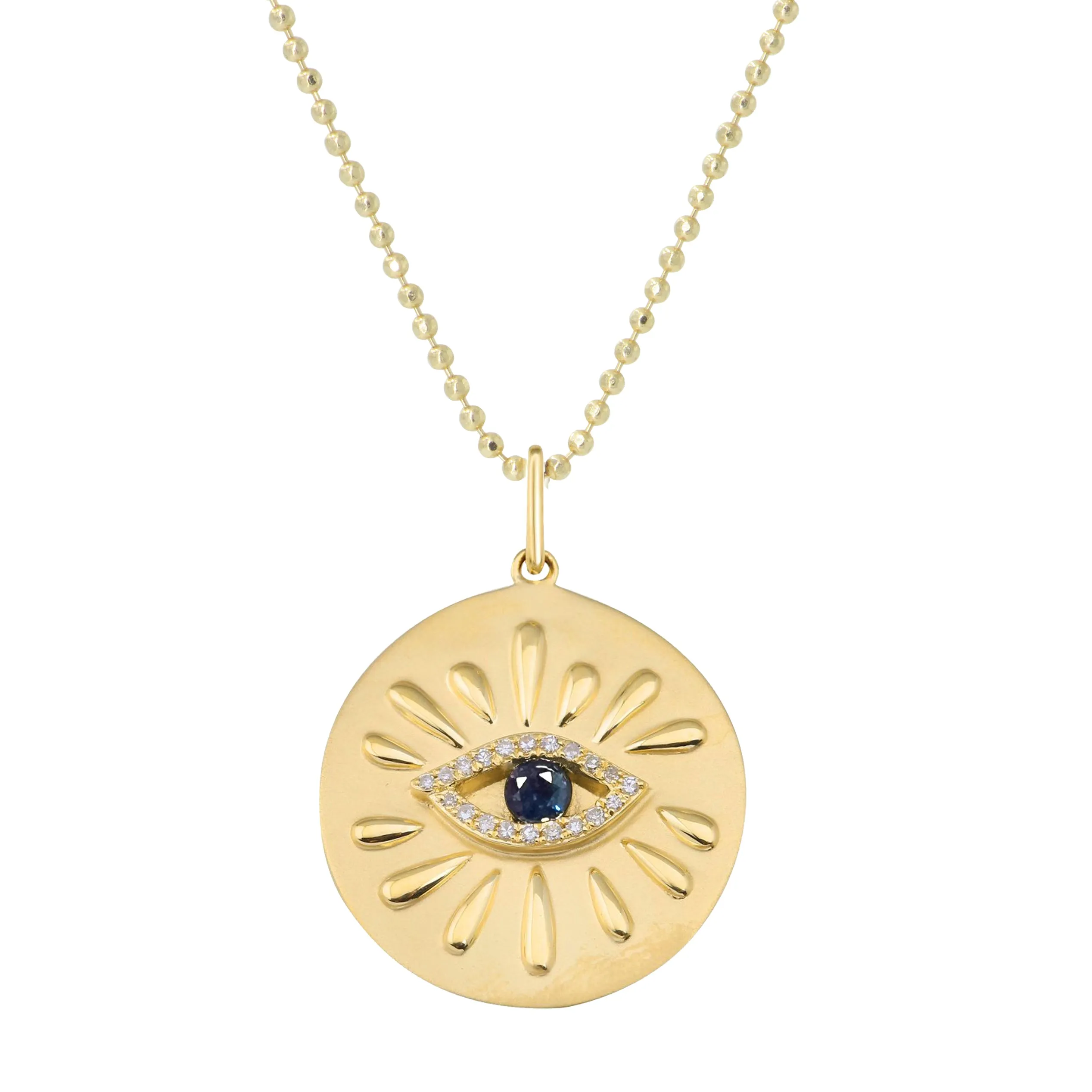 Large Gold Disk and Evil Eye Necklace With Diamonds