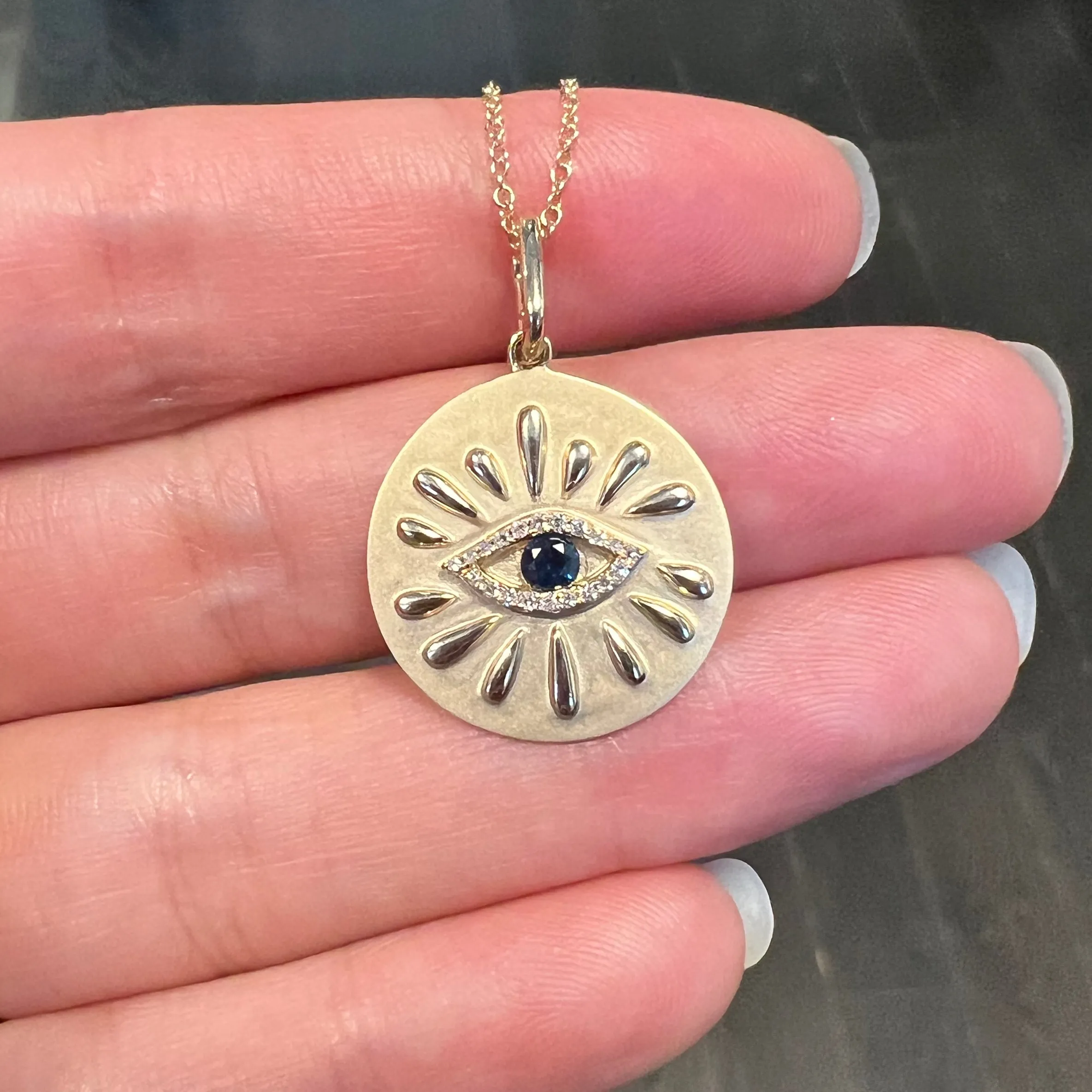 Large Gold Disk and Evil Eye Necklace With Diamonds
