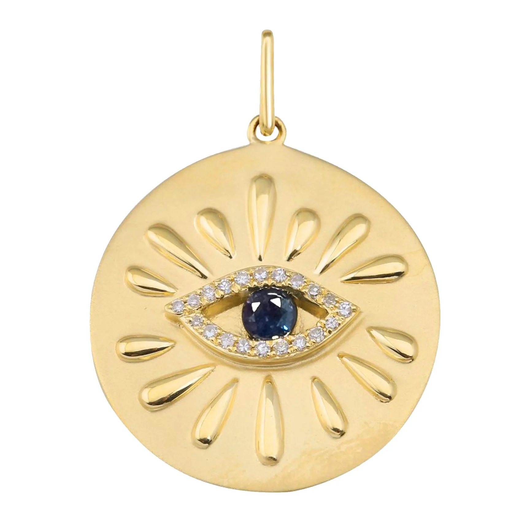 Large Gold Disk and Evil Eye Necklace With Diamonds