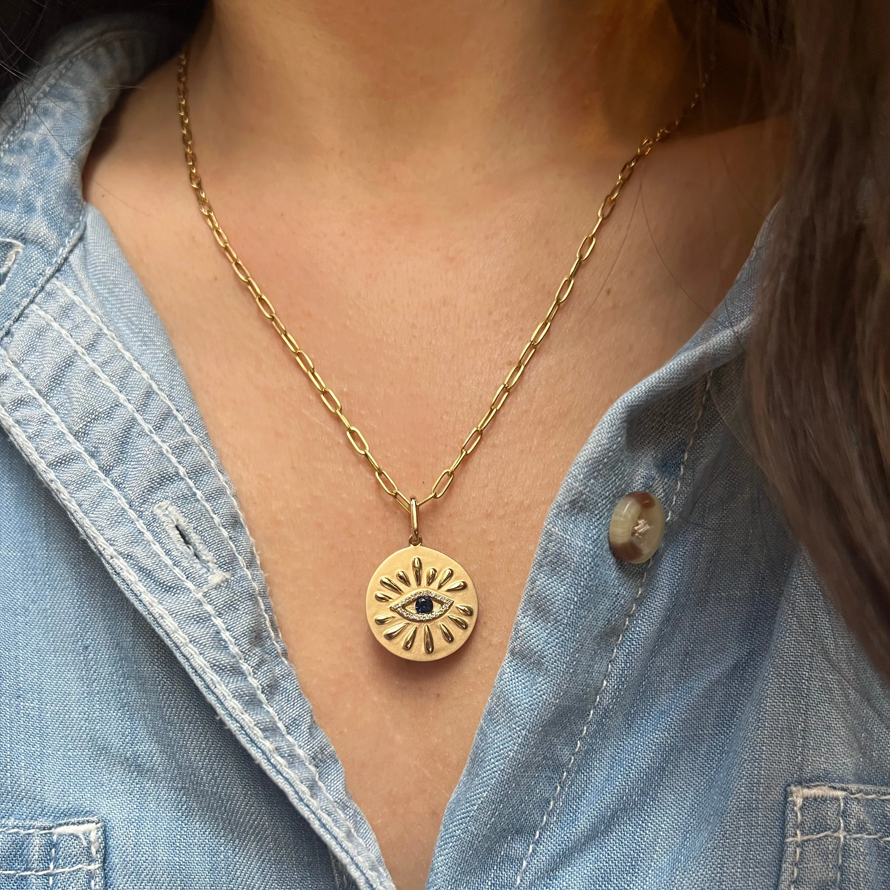 Large Gold Disk and Evil Eye Necklace With Diamonds