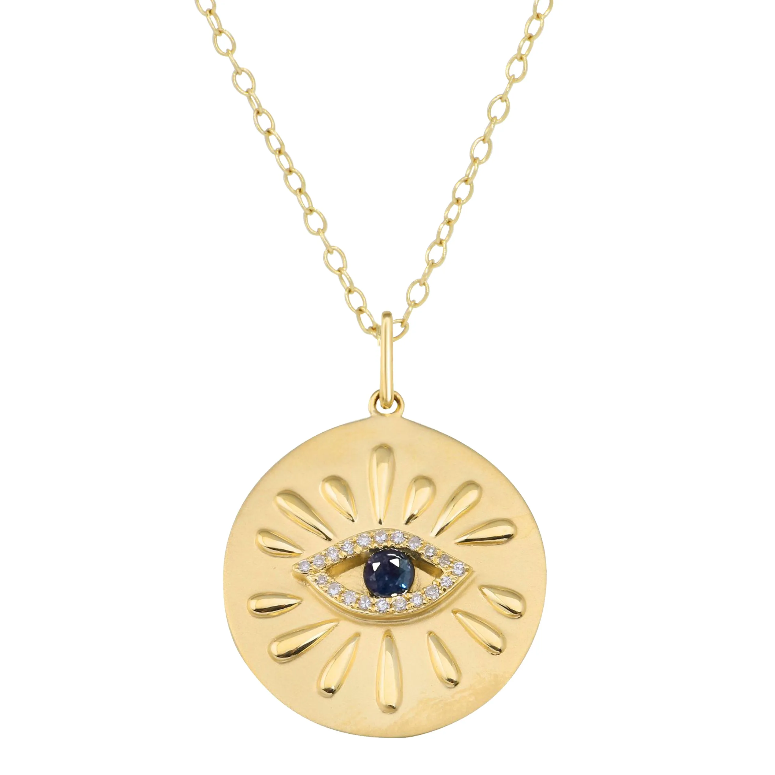 Large Gold Disk and Evil Eye Necklace With Diamonds