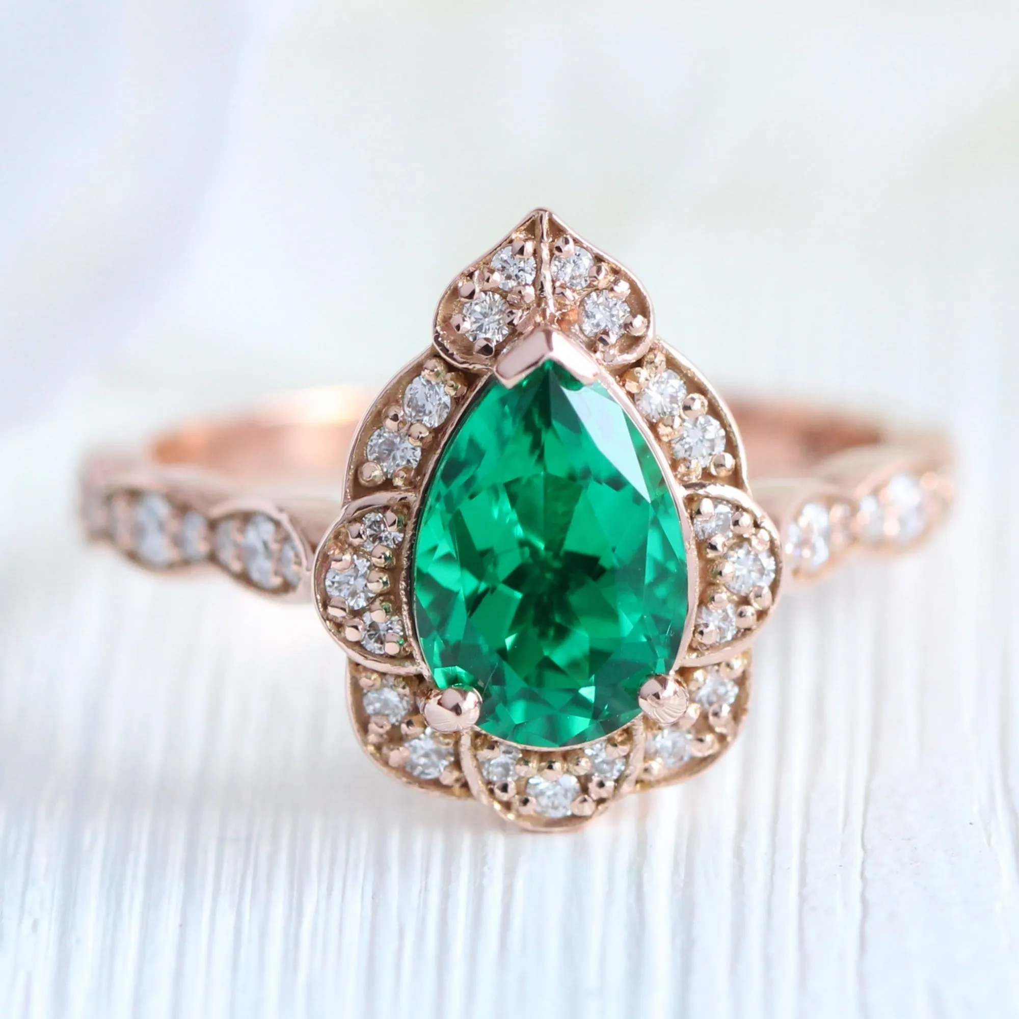 Large Vintage Floral Pear Ring Set w/ Emerald and Large 7 Diamond U Scalloped Band