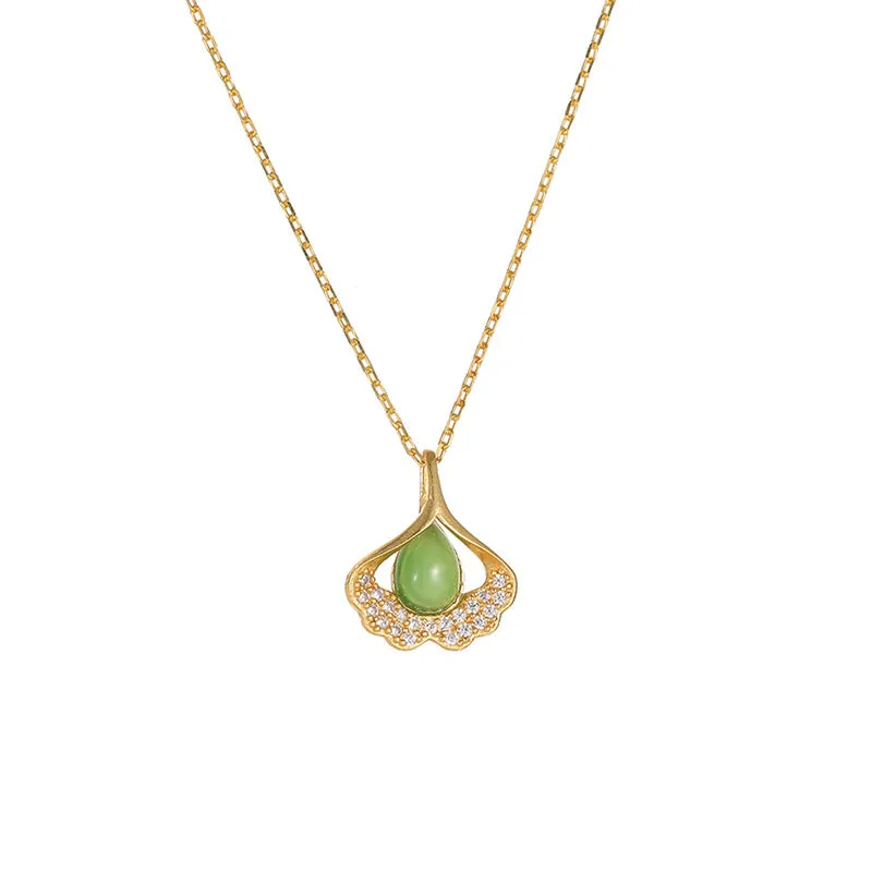 Luxurious Ginkgo Leaf Pendant Necklace with Hotan Jade and S925 Silver Chain