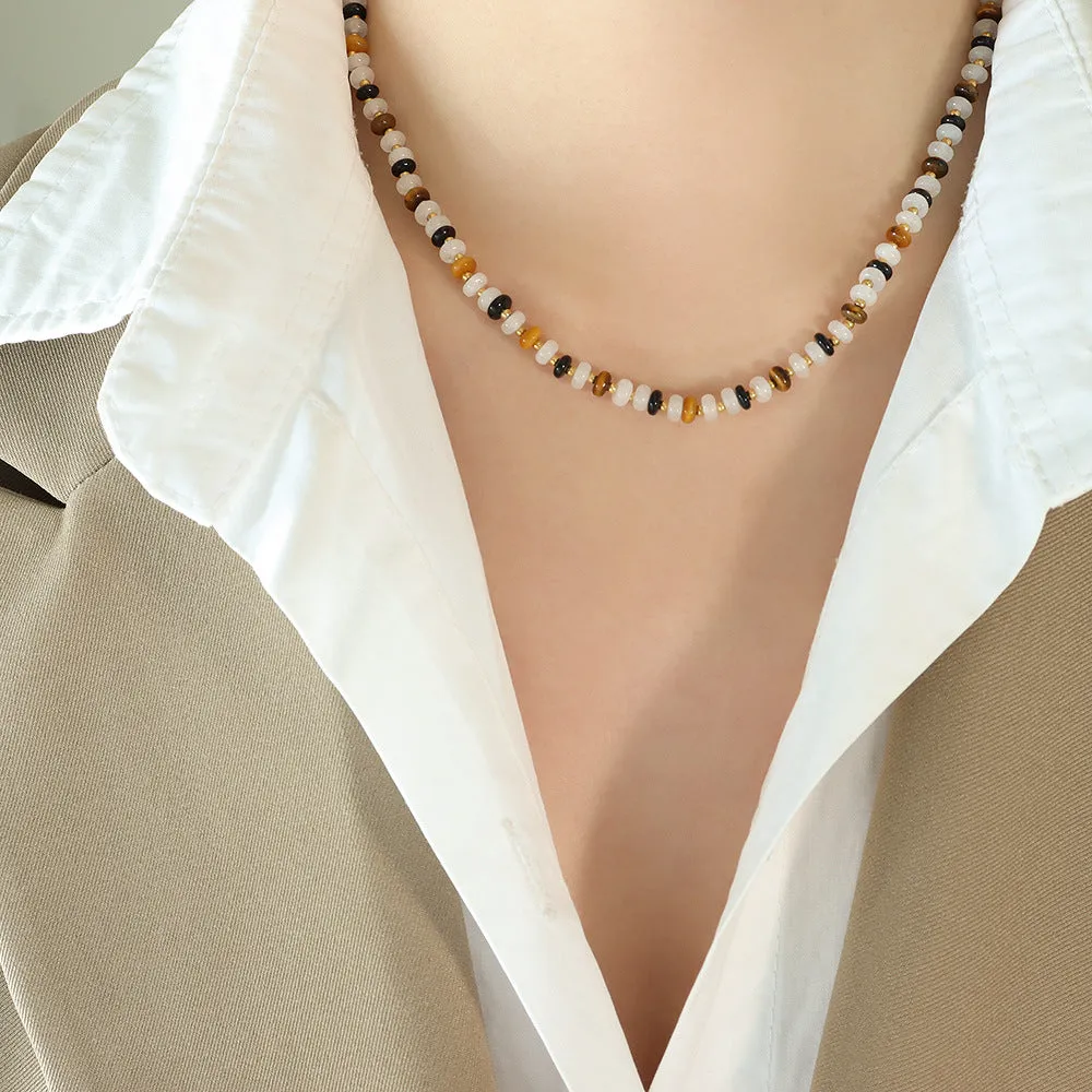 Luxurious Retro Ethnic Style Handmade White Jade and Tiger's Eye Beaded Necklace